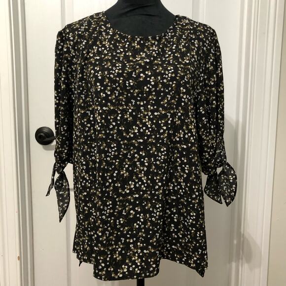 Cece Womens Blouse Size Large Black White Floral Tie Sleeve‎ Keyhole Back Top - Picture 1 of 12